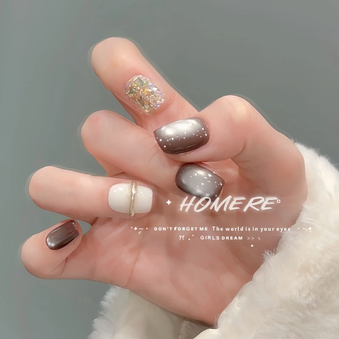 【焦糖摩卡】秋冬猫眼玻璃珠纯手工穿戴甲香槟钻可拆卸美甲10片装