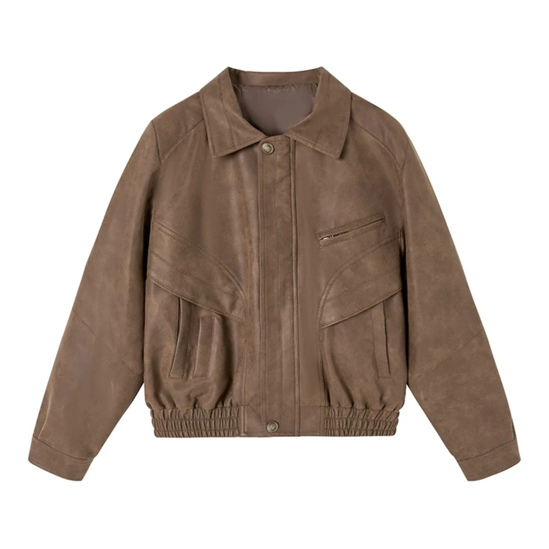 翻领雅丹风短宽拼接作旧复古皮衣夹克JK02