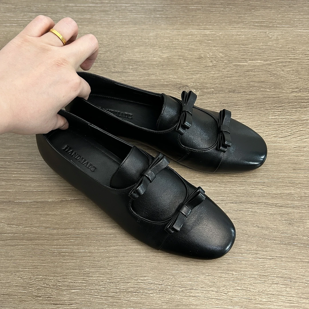 Dannyfrey英伦风头层小牛皮圆头蝴蝶结小皮鞋一脚蹬低跟复古单鞋