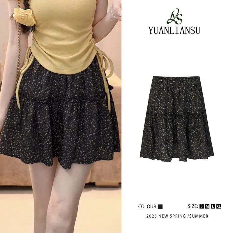 YUANLIANSU/圆脸酥【雾起远方】甜美风黑色碎花高腰显瘦半身裙短裙