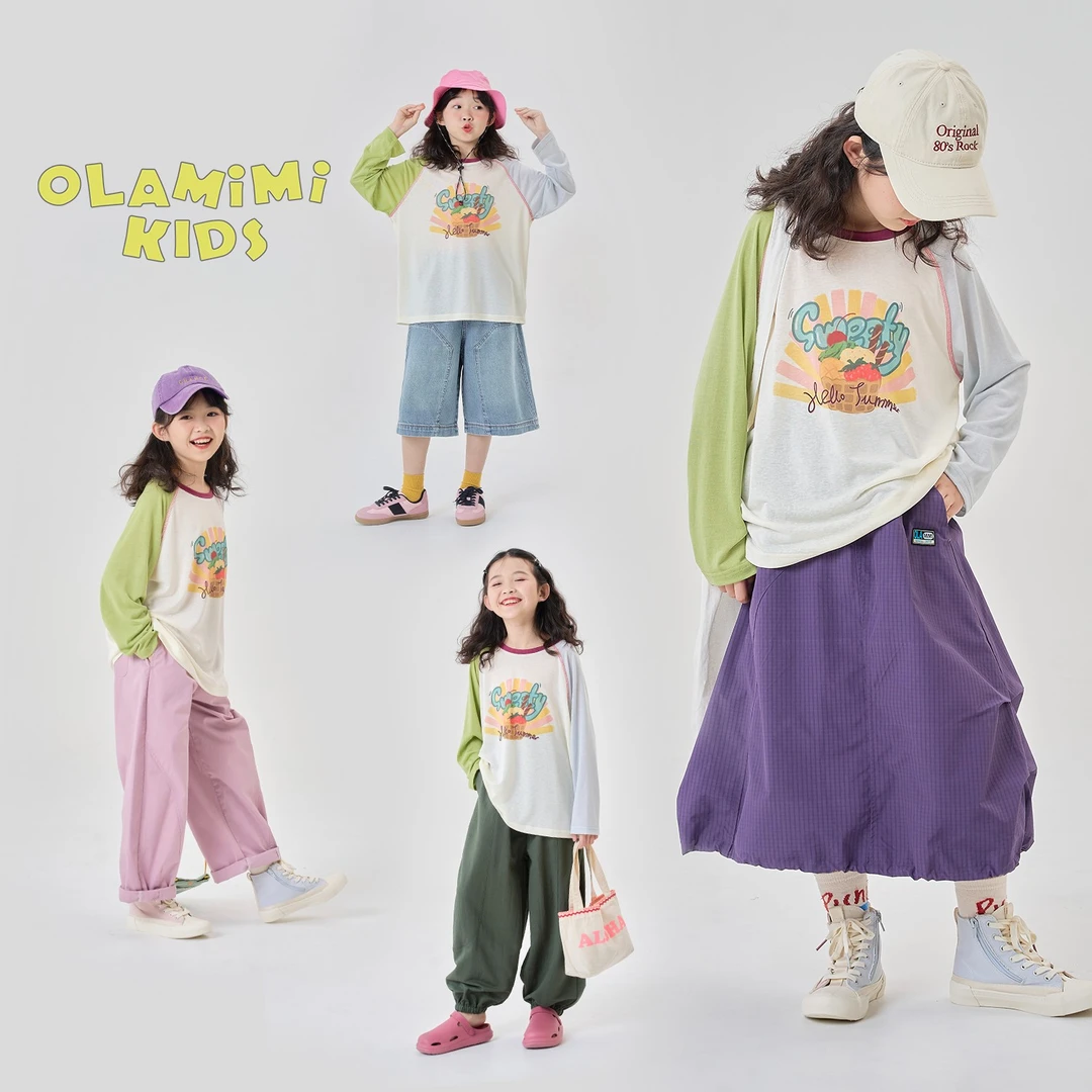 OLAMIMI2025春夏亲子撞色清爽冰皮插肩袖拼接休闲百搭长袖防晒T