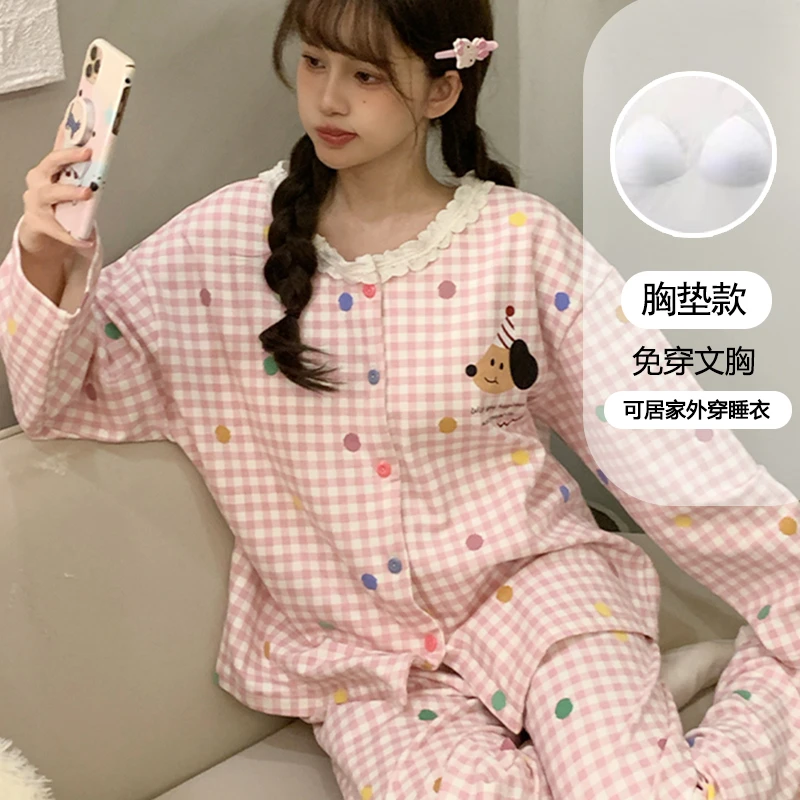 带胸垫春秋季新款圆点睡衣女圆领长袖舒适甜美学生家居服套装4128