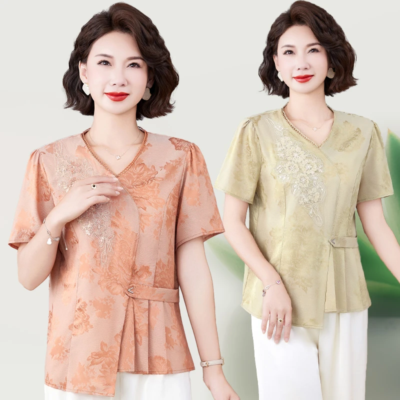 中年女装妈妈50岁夏装上衣服薄款短袖高档小衫夏季60岁中老年套装