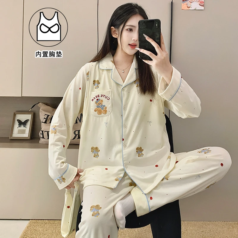 【春秋款纯棉-带胸垫】月子服春夏喂奶长袖家居服孕妇哺乳睡衣套装