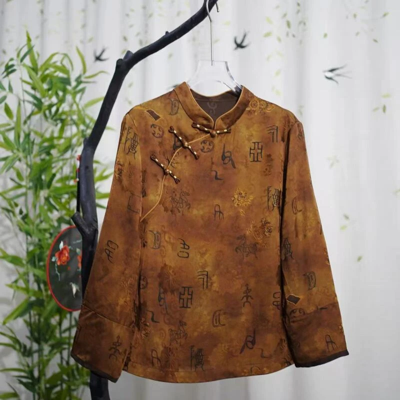 【1477】 复古甲骨文高级感立领盘扣设计宽松显小衫上衣