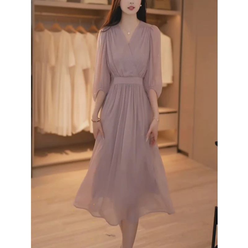 【星河入梦81】夏新款闪闪柔紫V领夏季新款宽松显瘦中长款连衣裙