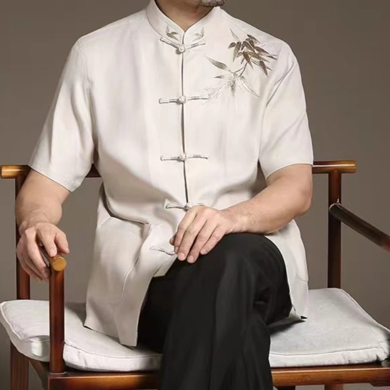 美爱 《大将军7》中国风夏季中老年立领短袖盘扣休闲唐装衬衫W378