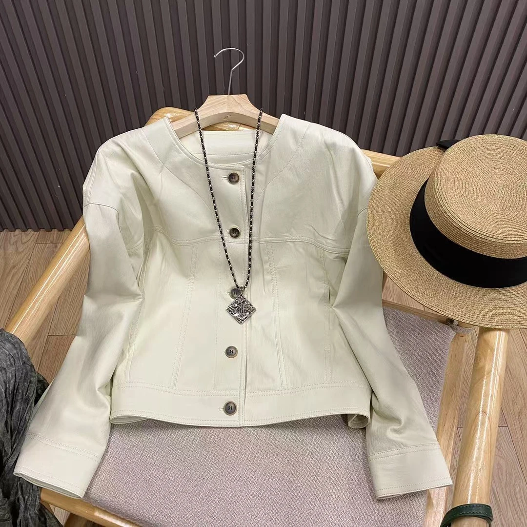 圆领纯色皮衣外套短款宽松百搭小个子简约PU机车外套女W25115