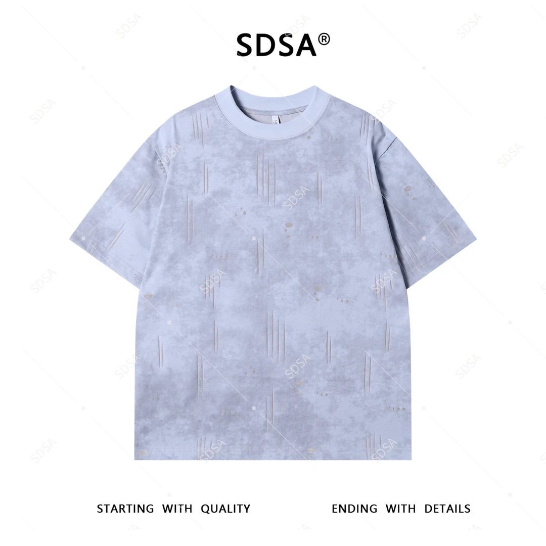 SDSA夏季新款男士痞帅韩系扎染割破撞色设计短袖T恤百搭圆领上衣