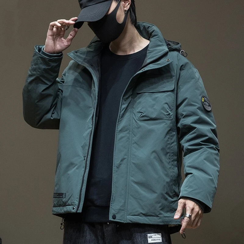 2025冬季新款90鸭绒羽绒服男松绿色短款大码男士秋冬款冲锋衣外套