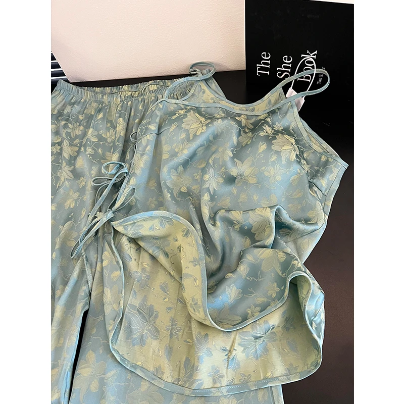 法式甜美小清新提花冰丝睡衣女夏季爆款吊带长裤家居可外穿两件套