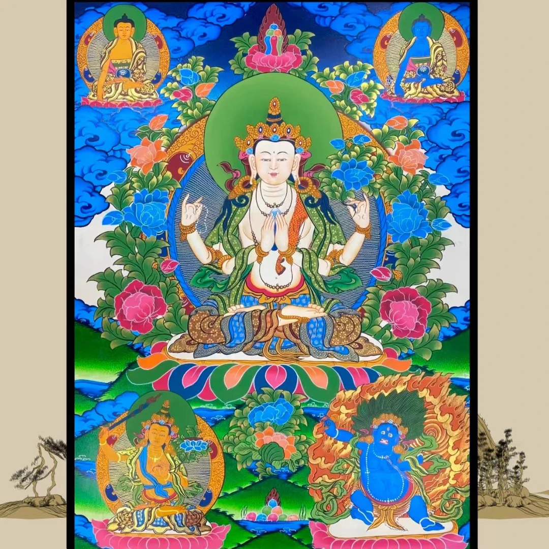 纯手绘矿料精品四臂观音唐卡75×50厘米，客厅茶室等地唐卡挂画