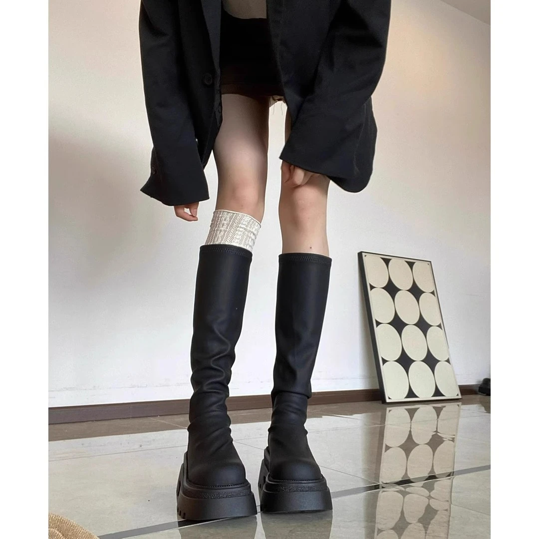 厚底高筒靴新款韩版秋冬瘦瘦长筒靴小个子粗跟不过膝堆堆长靴女