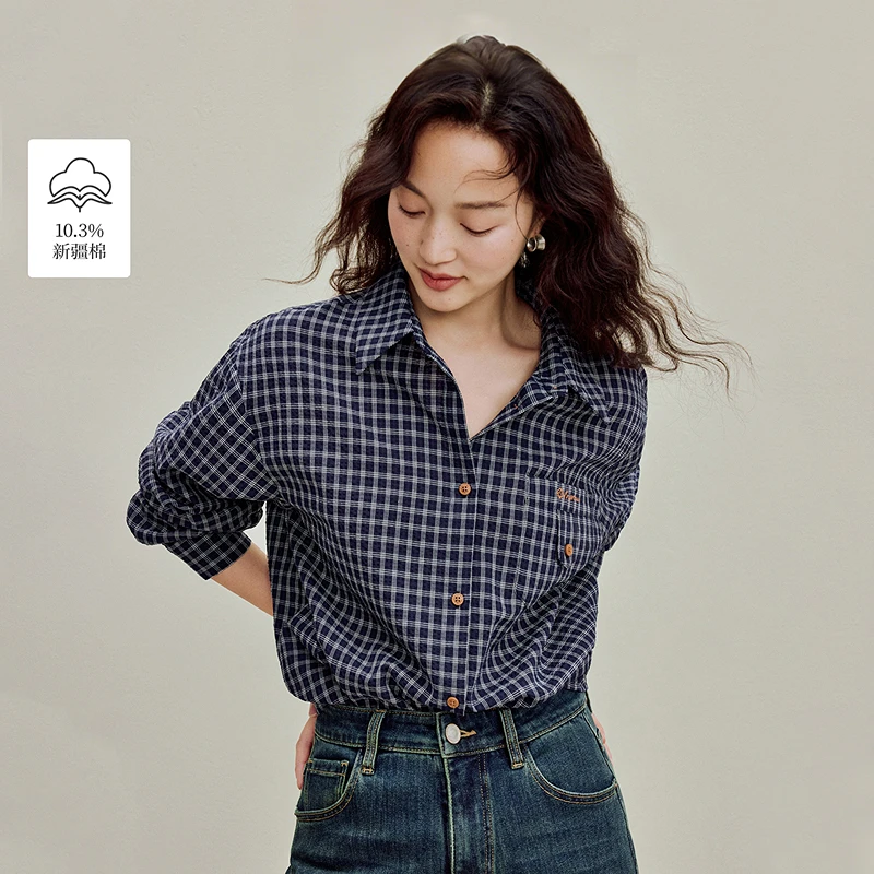 茵曼25秋季复古休闲刺绣格子衬衫简约百搭长袖衬衣