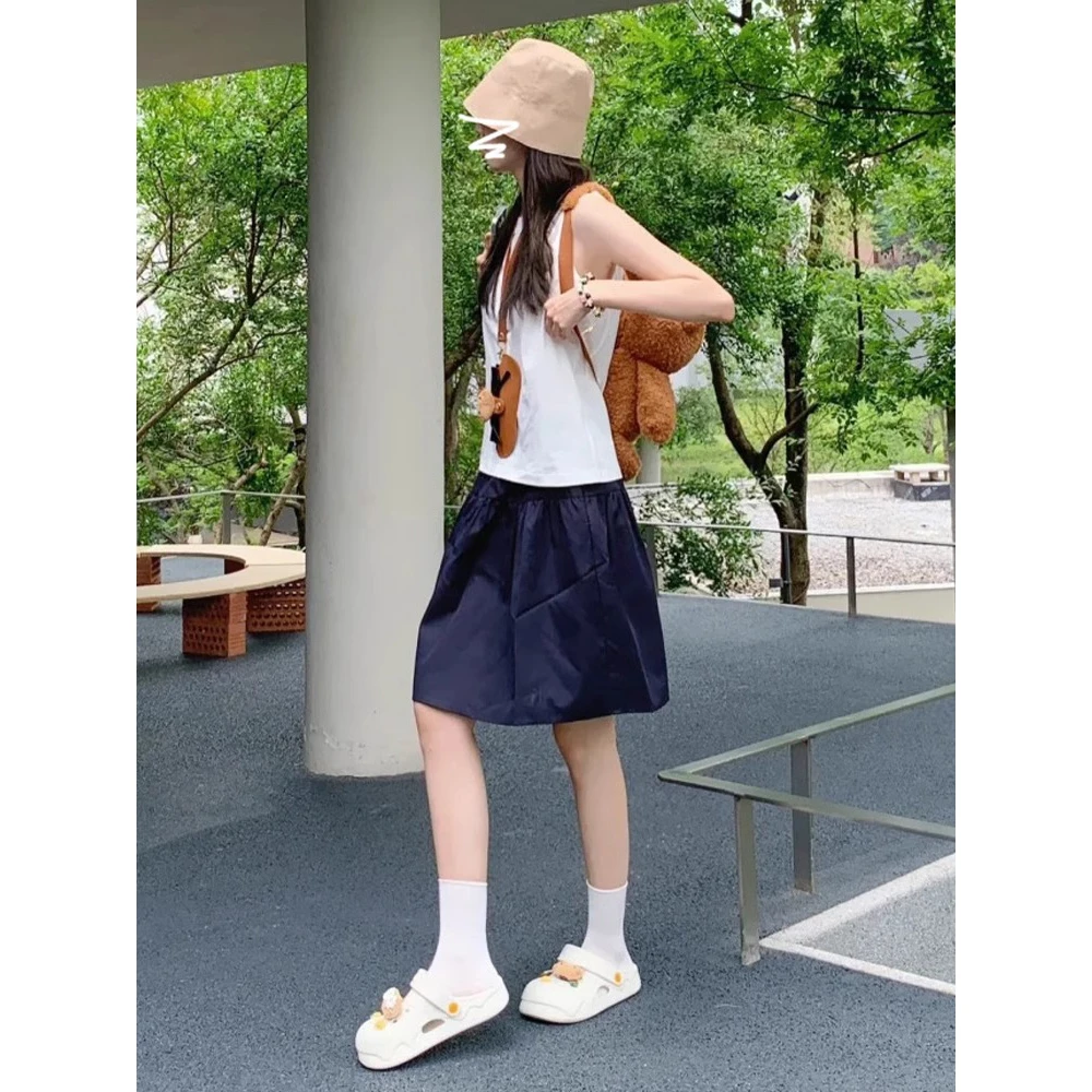 绝美a字半身裙夏季女2025新款显瘦短裙日系藏蓝色半裙高腰伞裙