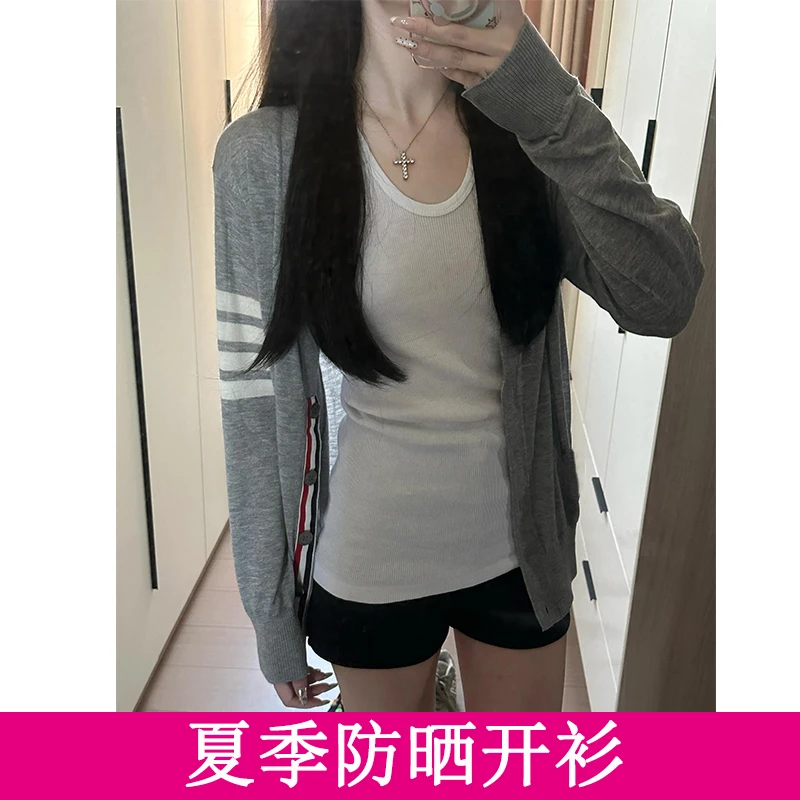 灰色针织开衫薄款防晒衫上衣天丝空调衫百搭外搭女装2025夏季新品