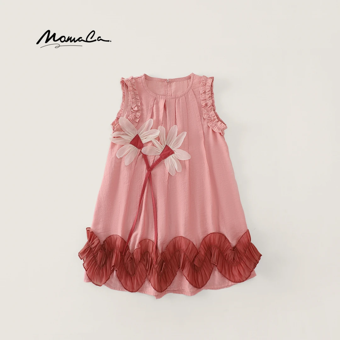 MOMOCO女童夏季2025高级感立体花拼接花边无袖连衣裙77630484011