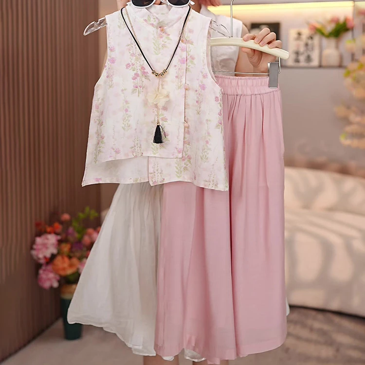 女童夏装2025新款套装韩版无袖碎花国风新中式衫休闲阔腿裤两件套
