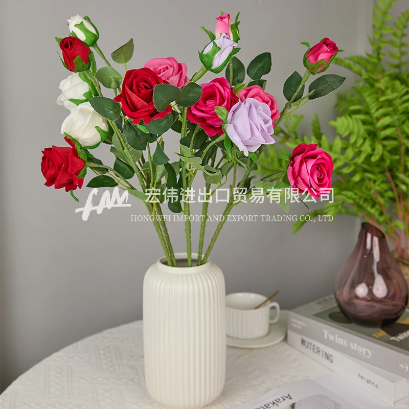 （10枝）3头绒布珍珠玫瑰手工婚庆布展家居仿真绿植摆件仿真花KLQ25