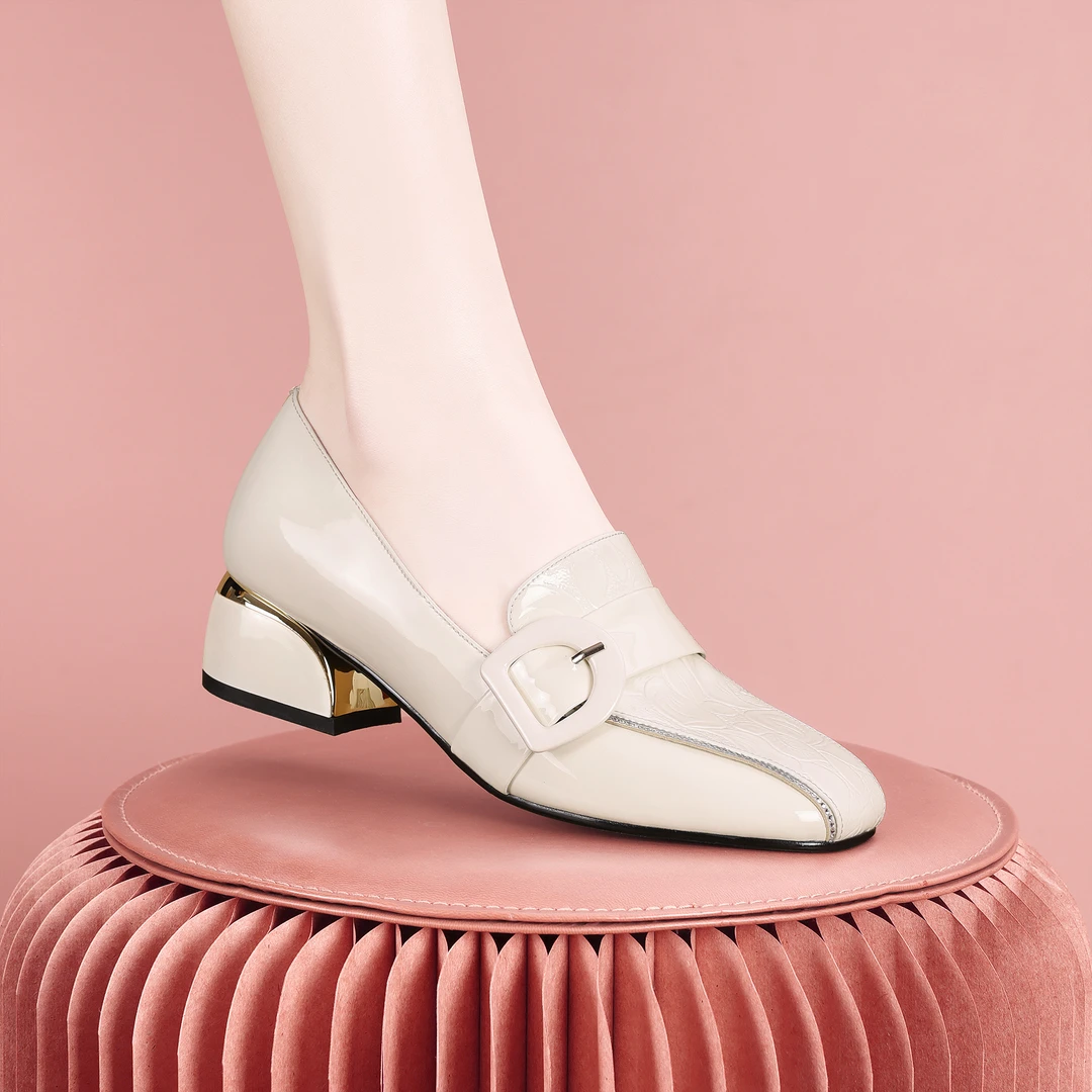 梵芮诗2025年春季新款时尚简约韩系穿搭粗跟低跟女乐福单鞋-Y1065