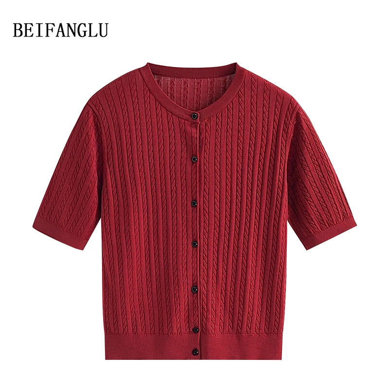 北方鹿 莱赛尔棉桑蚕丝#夏季优雅绞花气质单扣针织短袖开衫W9902