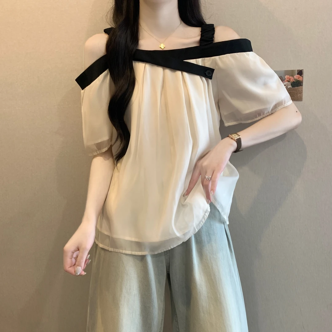 大码女装遮肚子撞色吊带露肩短袖雪纺衫女夏季胖妹妹显瘦别致上衣