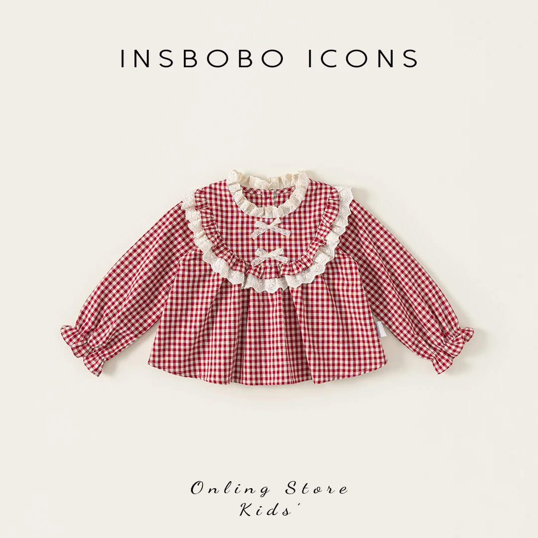 QY25141【秋】儿童上衣（花边蝴蝶结装饰格子套头衬衫）