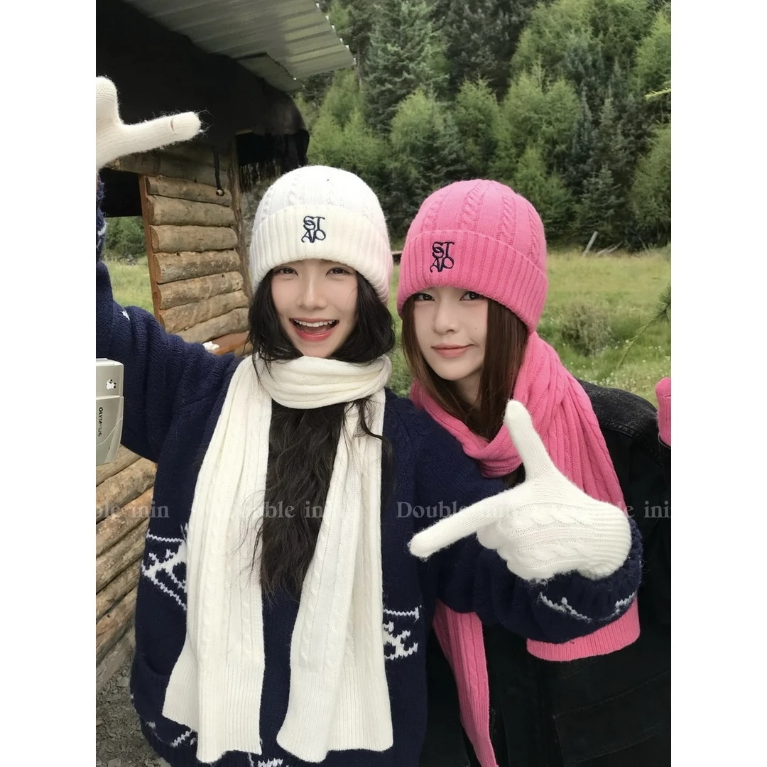 【保暖三件套】刺绣针织毛线帽女秋冬纯色围巾可触屏手套