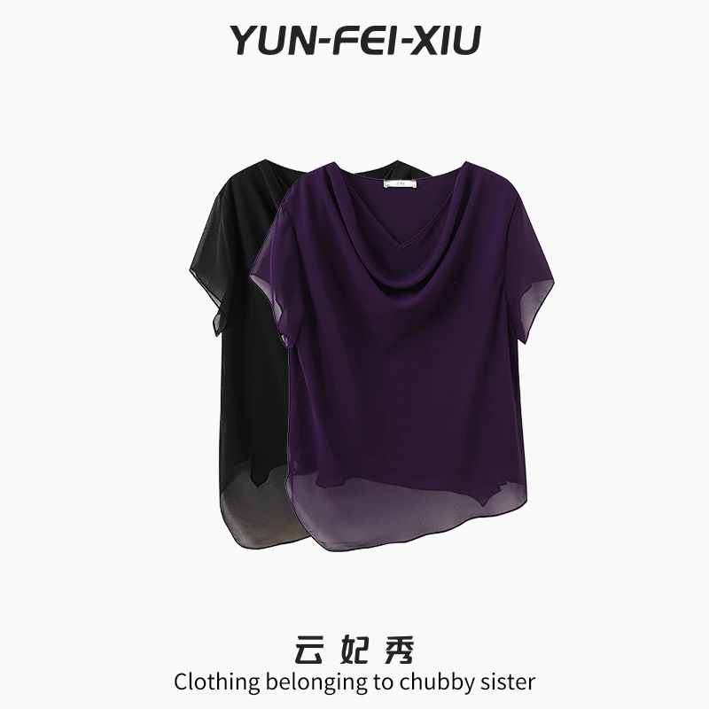云妃秀大码女装雪纺衫时尚胖妹妹显瘦宽松百搭减龄遮肉上衣夏7019