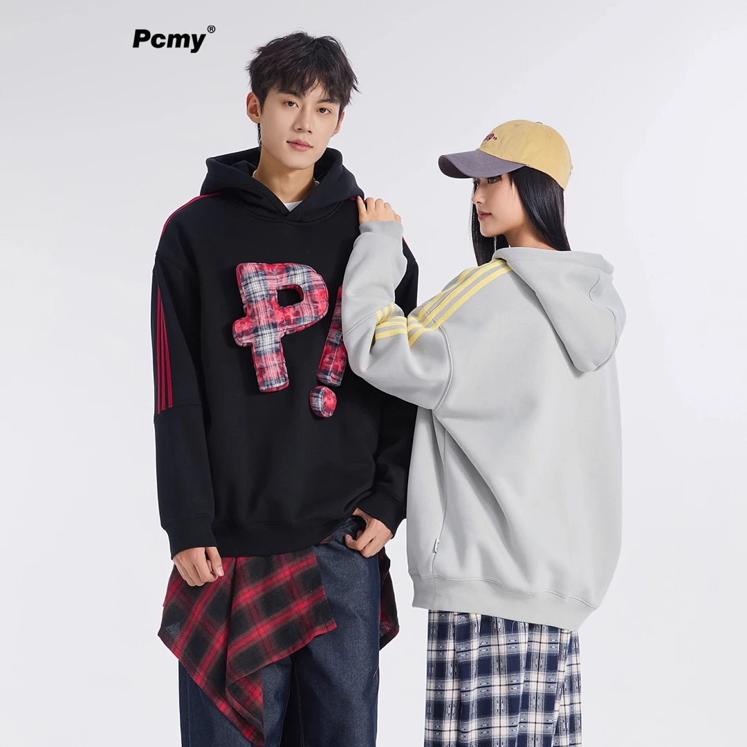 PCMY潮牌美式立体撞色字母三条杠连帽重磅卫衣加绒街头情侣装外套