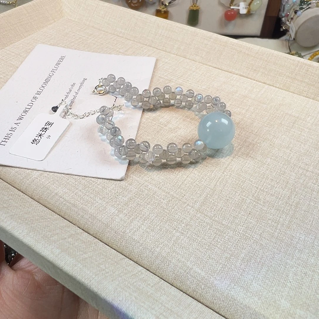 水晶银S925镶嵌手链灰月光海蓝宝