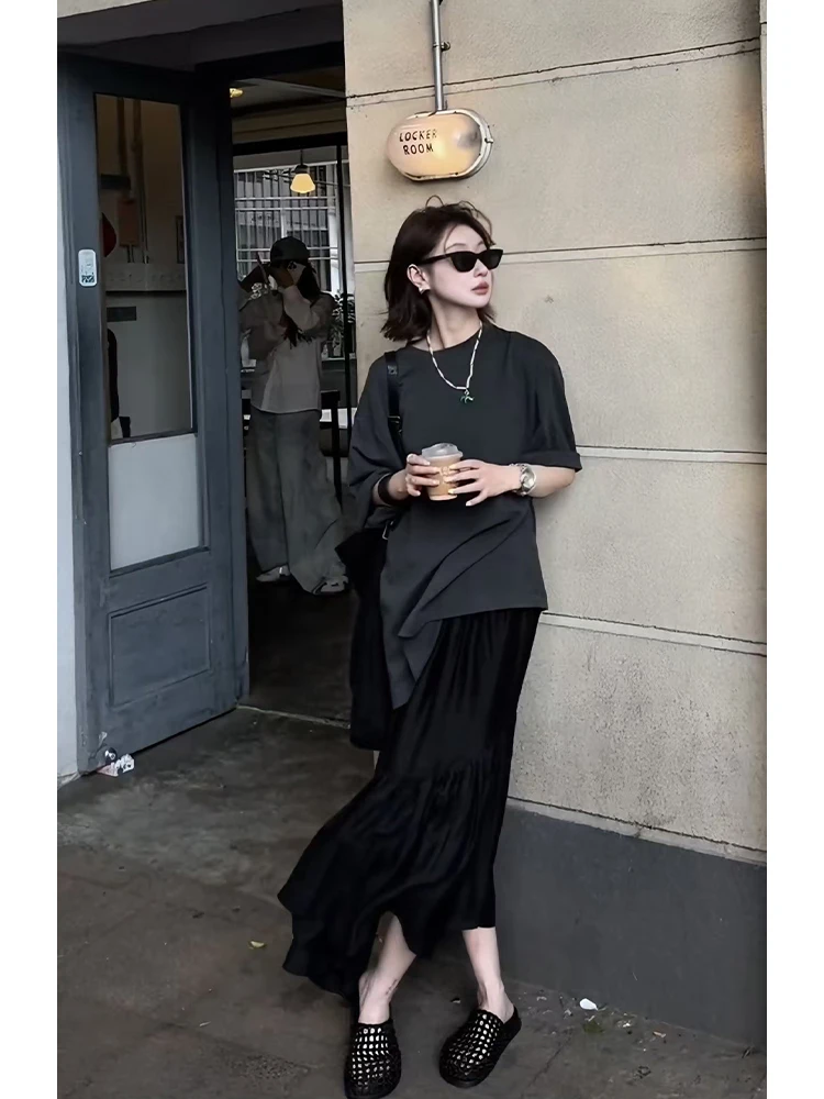 一整套ootd穿搭高级松弛感慵懒风宽松大版T恤鱼尾半身裙套装女夏