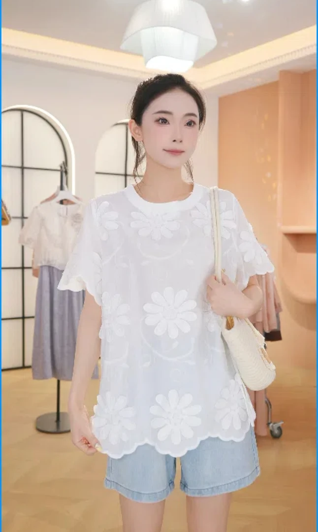 X2872法式立体花朵百分百棉高级感短袖t恤女夏季休闲宽松简约上衣