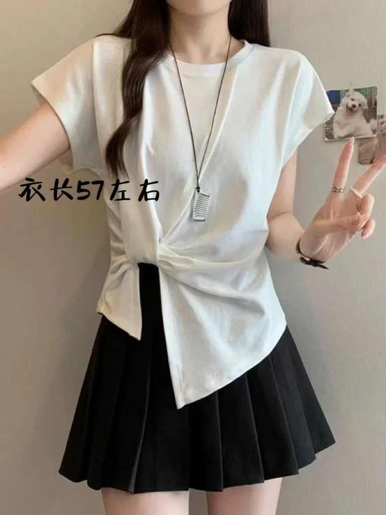 【志玲家】优选6202款不规则褶皱扭结小飞袖短袖