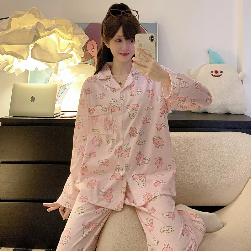 卡娜赫拉春秋季纯棉睡衣女套装开衫长袖长裤卡通甜美学生家居服