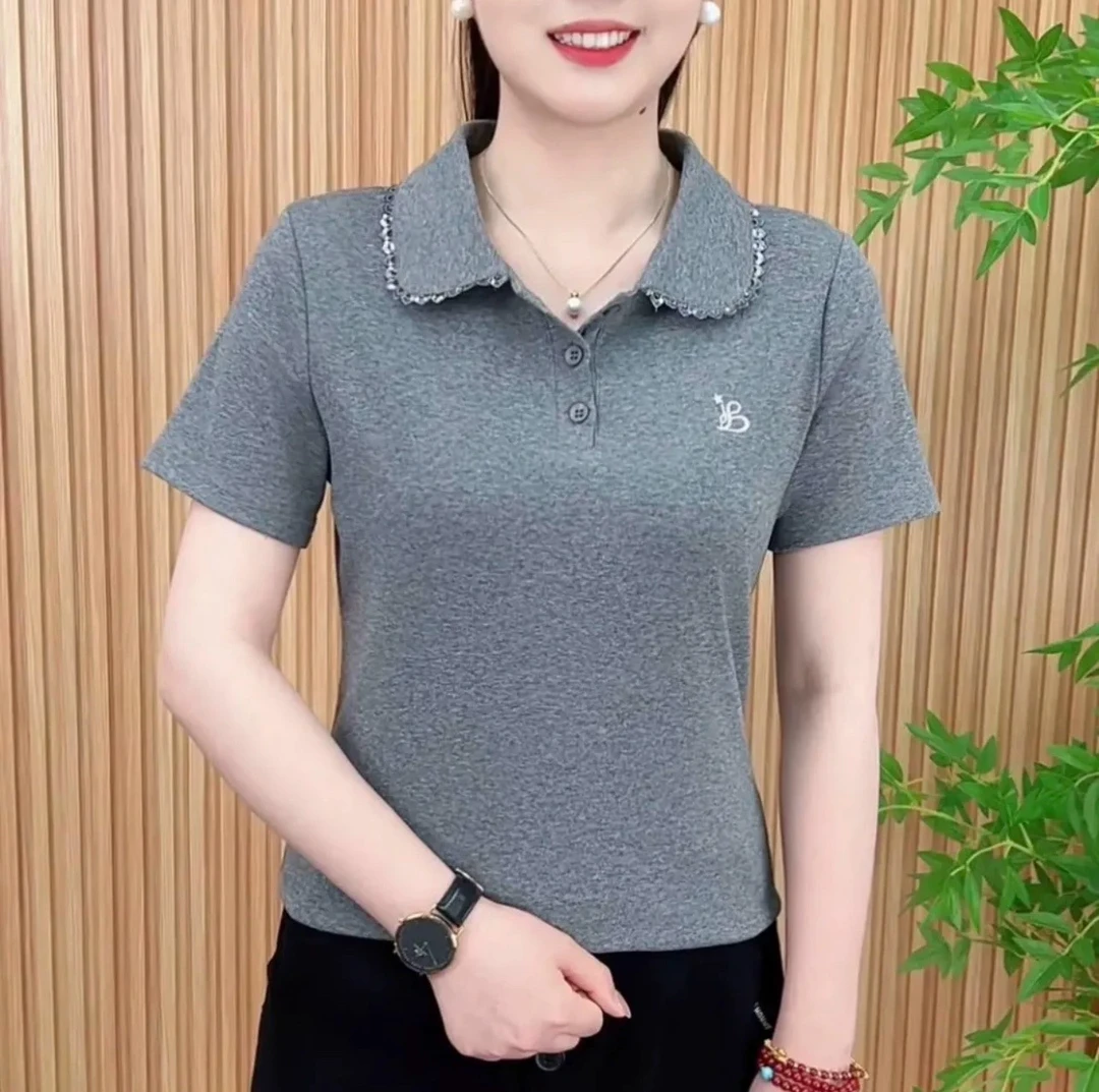 2025夏季新款时尚洋气减龄显瘦短袖T恤女修身显瘦百搭上衣翻领