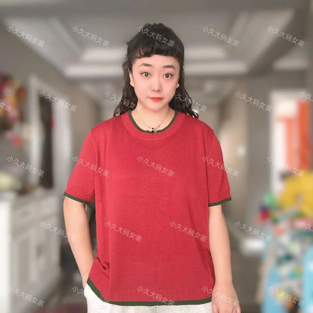 （老刘家圆领撞色短袖）7136 百搭 遮肉显瘦 休闲 妈妈装慵懒风半袖