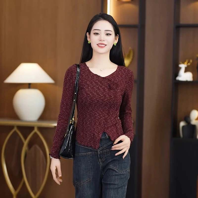 圆领打底衫女春装2025新款内搭设计感短款不规则t恤长袖上衣66107
