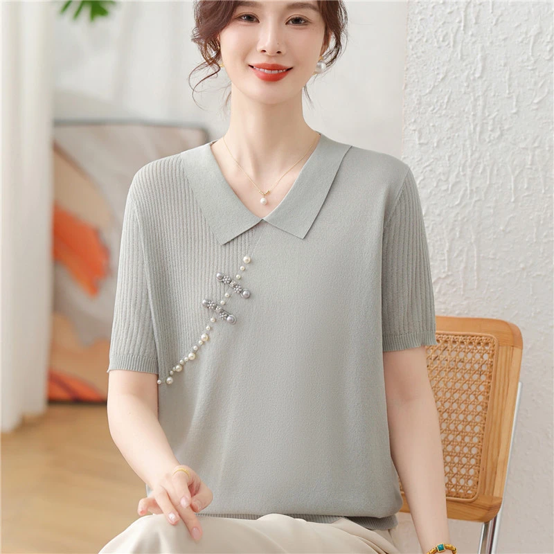 2024新款妈妈夏装短袖T恤小衫中老年国风女冰丝针织夏季遮肚上衣