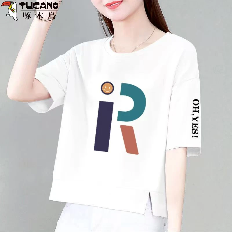 啄木鸟纯棉短袖t恤女夏季新款宽松显瘦大码女装短款上衣体恤衫潮