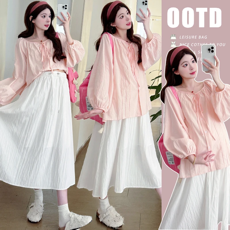 春装新款孕妇套装时尚韩版少女感系带娃娃衬衫港风抽绳宽松半身裙
