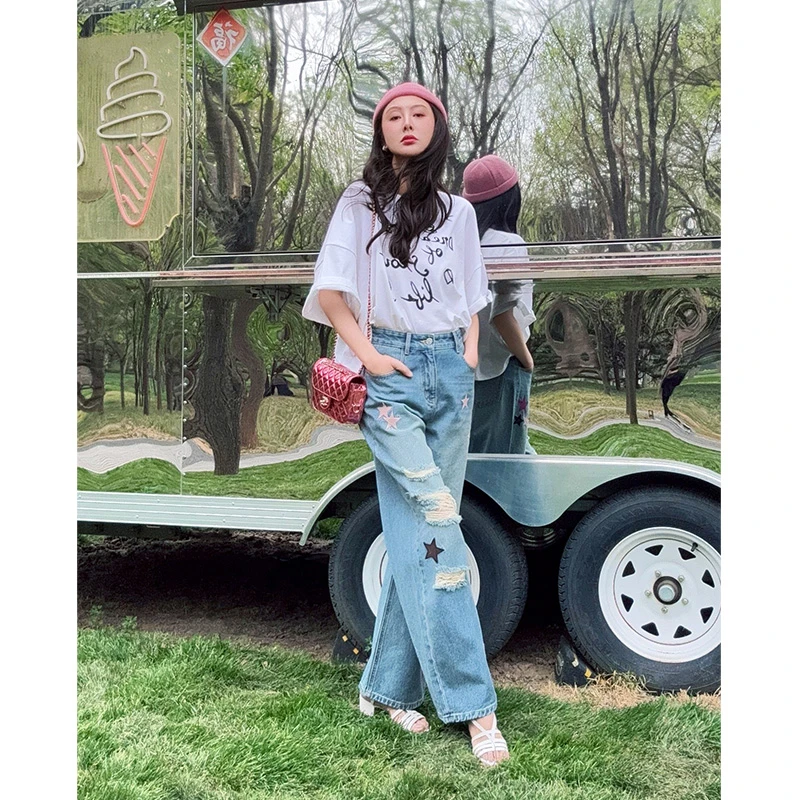 TRACYCHU设计款显瘦显高星星破洞牛仔裤富家千金清冷感贵系炸街风