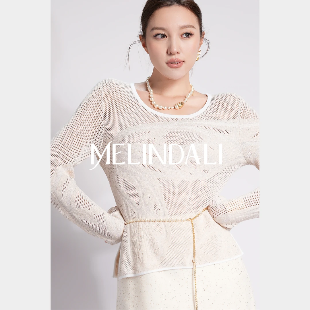 Melinda Li【白玉蝶】珠片金丝蝴蝶提花人丝吊带针织上衣半裙套