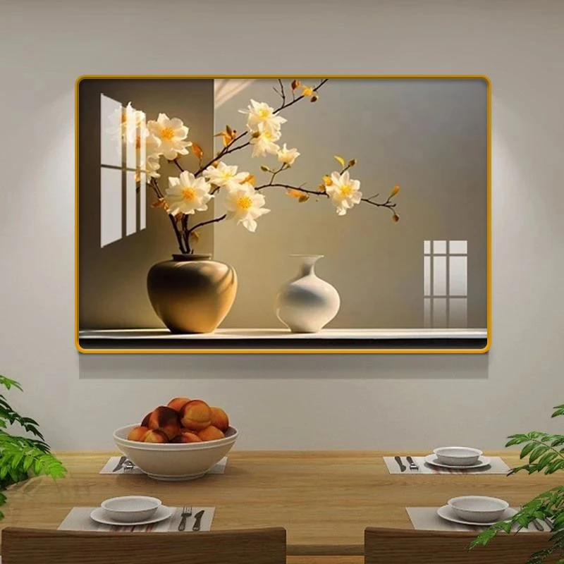 奶油风装饰画单幅餐厅挂画楼梯间挂画卧室晶瓷画遮挡画花瓶608