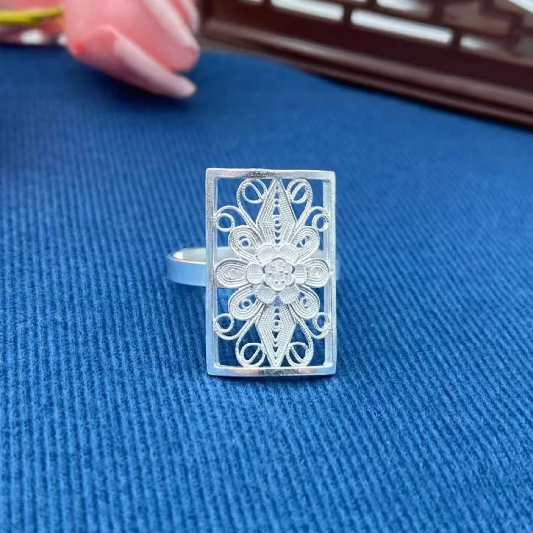 足银戒指 足银民族风大花长方形女生大气戒指