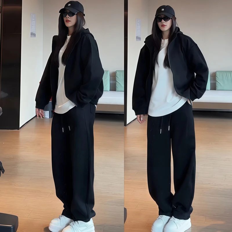 秋冬款男士重磅通勤风百搭连帽休闲运动套装开衫卫衣休闲裤两件套