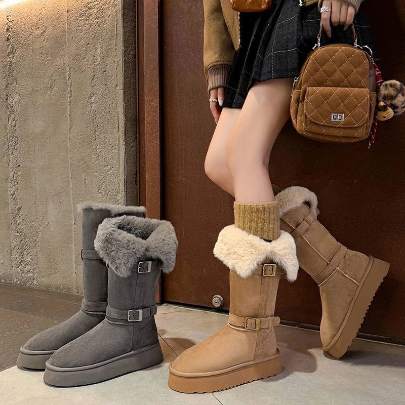 厚底加绒棉鞋靴女2025秋冬季新款加厚中筒两穿百搭皮带扣休闲保暖