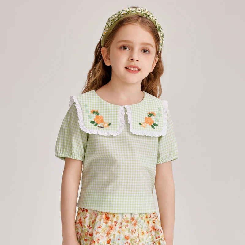 PawinPaw卡通小熊童装夏季女童撞色格纹方领绣花衬衫PCBAE2522M