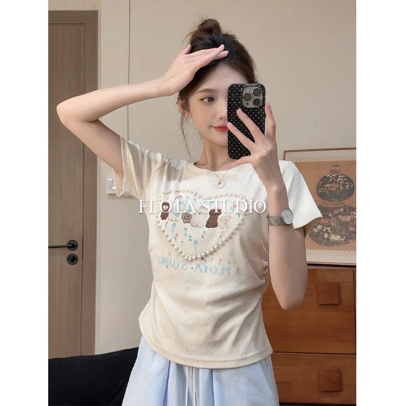 【flota】盐系爱心珍珠可爱小狗圆领别致短袖T恤女韩版上衣0940