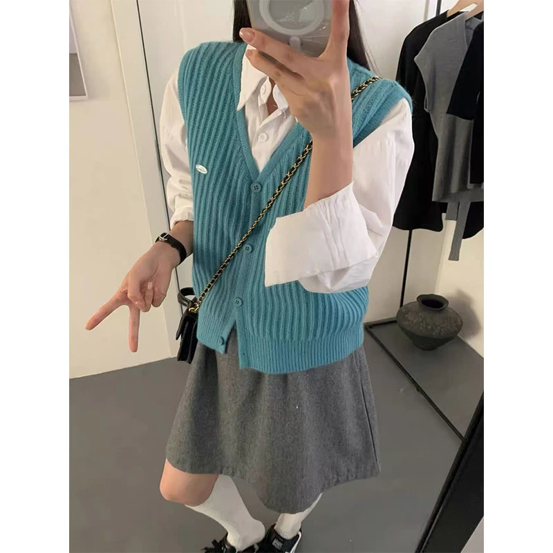 针织背心马甲复古时髦无袖V领开衫女秋-3055